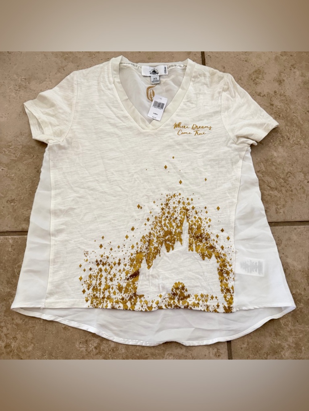 Disney T Shirt Cinderella Castle Gold Glitter XS Where Dreams Come True New